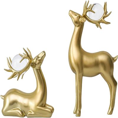 2PCS Deer Figurine Resin Couple Deer Sculpture Animal Art Crafts Ornament for Christmas Home Office Tabletop Decoration - Golden