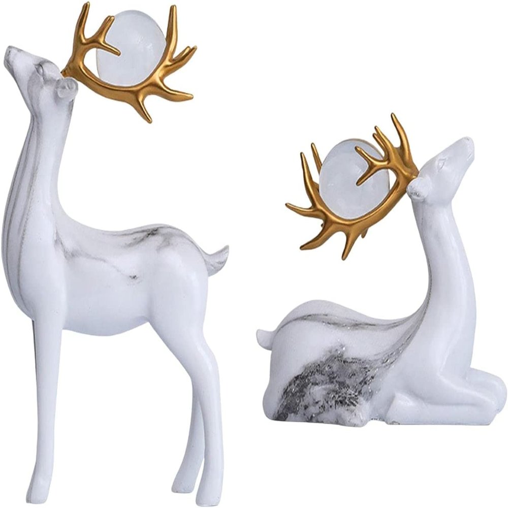 2PCS Deer Figurine Resin Couple Deer Sculpture Animal Art Crafts Ornament for Christmas Home Office Tabletop Decoration - White