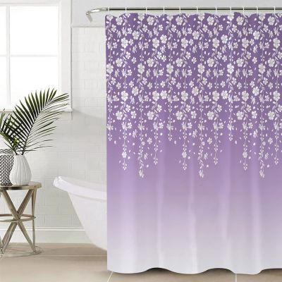 Vivid White Floral Painting on Purple Ombre Background Shower Curtain for Bathroom 60" x 72", Shower Curtain with Hooks Polyester Waterproof Home Bathtub Decor