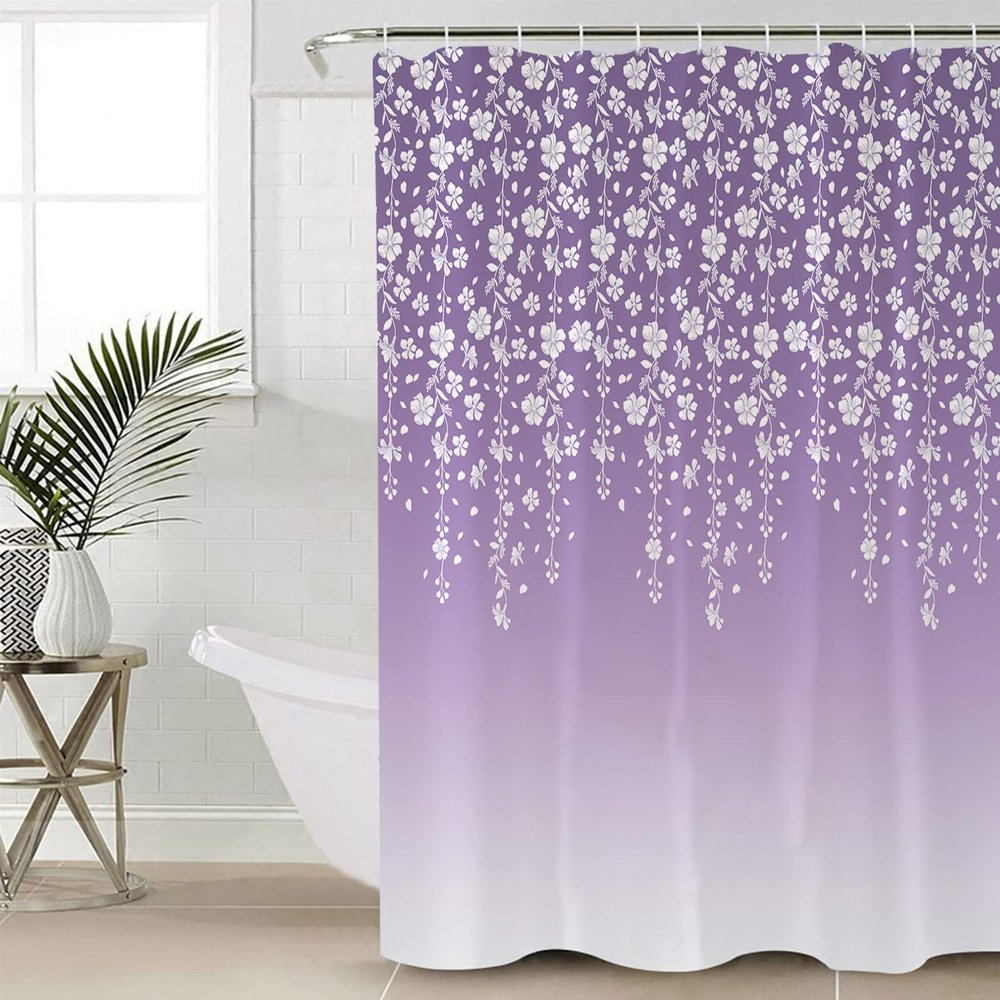 Vivid White Floral Painting on Purple Ombre Background Shower Curtain for Bathroom 60" x 72", Shower Curtain with Hooks Polyester Waterproof Home Bathtub Decor