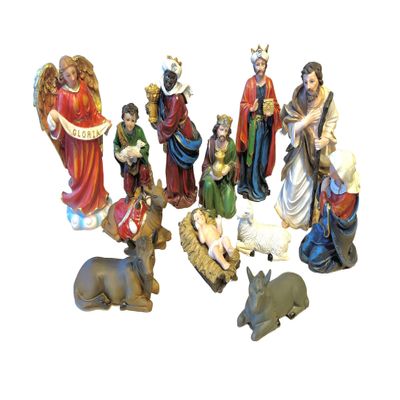 13-Piece nacimiento navideo Nativity Figurine Set. Hand-Painted Christmas Nativity Scene, 8" to 5" Tall.