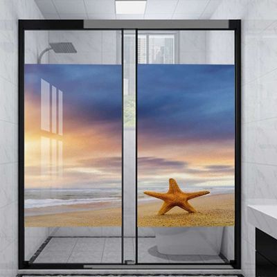 Yellow Blue Privacy Window Film Frosted Fish Scallop Seashell Earth No Glue Glass Sticker for Glass Door Bathroom livingroom Office Nautical Theme 35.4Wx78.7L-inch x2 Pcs