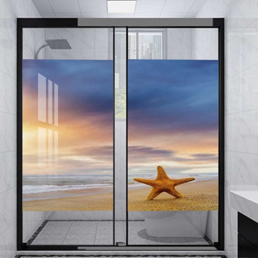 Yellow Blue Privacy Window Film Frosted Fish Scallop Seashell Earth No Glue Glass Sticker for Glass Door Bathroom livingroom Office Nautical Theme 35.4Wx78.7L-inch x2 Pcs