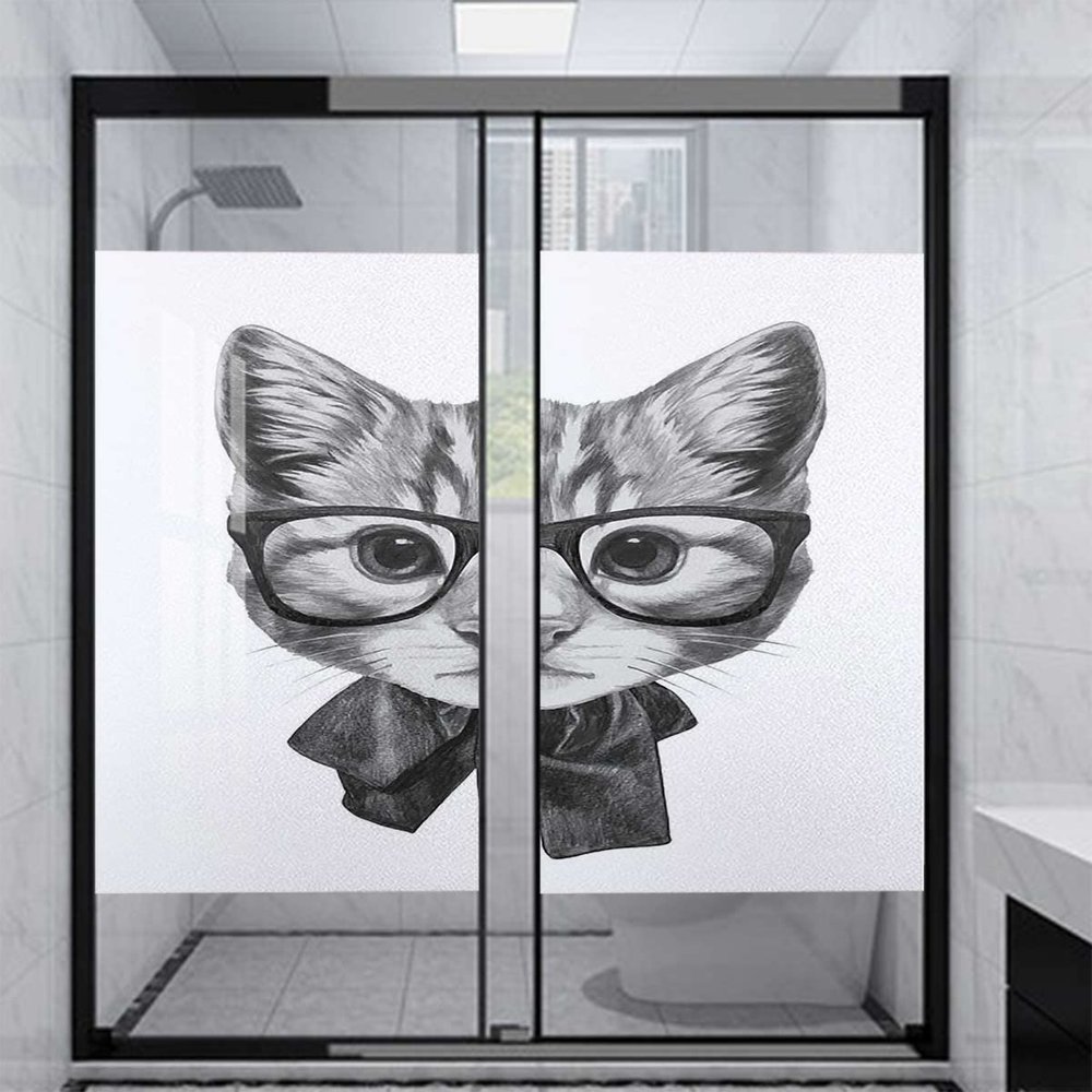 Black White Grey Window Sticker Non-Adhesive Glass Film Cute Kitten with Glasses Image Etched Vinyl Stained Glass Film Static Cling Window Decal Animal 35.4Wx78.7L-inch x2 Pcs