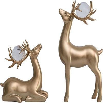 2PCS Deer Figurine Resin Couple Deer Sculpture Animal Art Crafts Ornament for Christmas Home Office Tabletop Decoration - Copper
