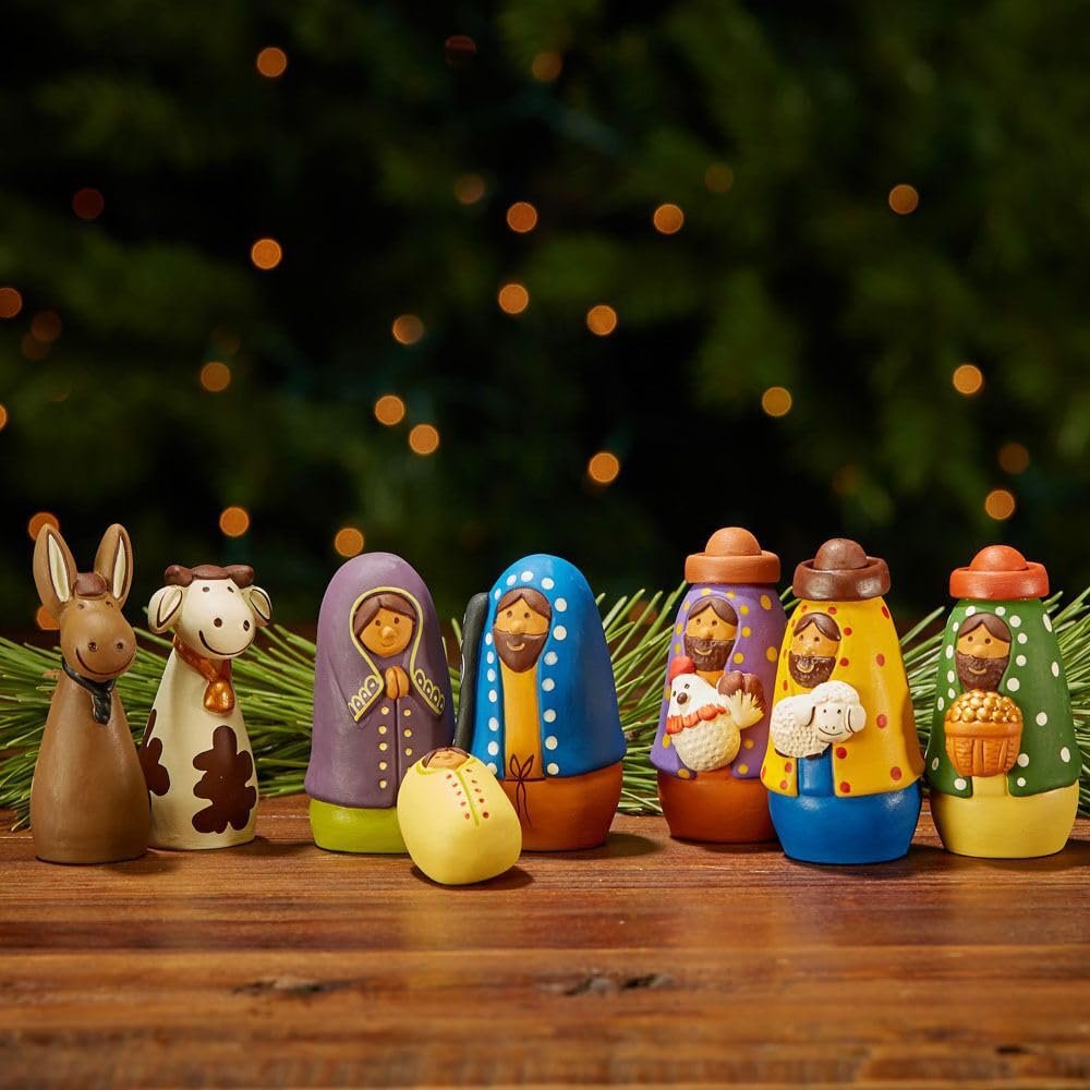 Colorful Nativity Set, Christmas Decorations, Collectible Figurines, Baby Jesus Holy Family Manger Scene, Indoor Home Decor for Mantel, Shelf, Tables, Little People, Kids Room, Ceramic, 8pcs