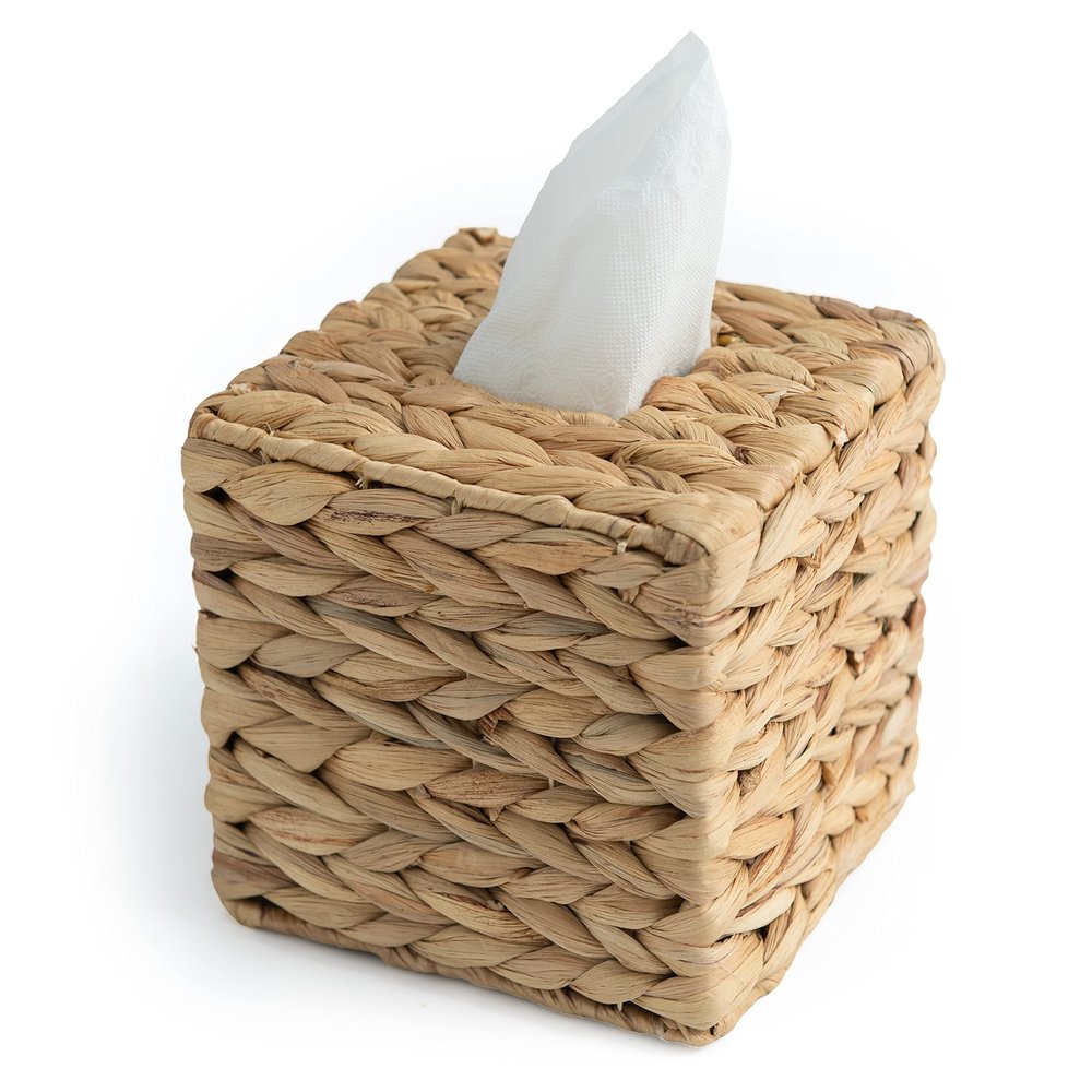 KOLWOVEN Tissue Box Holder - Square- Rattan Wicker Tissues Cube Box Cover -Boho Decorative Woven Facial Tissue Holder on Table and Barthroom (Square)