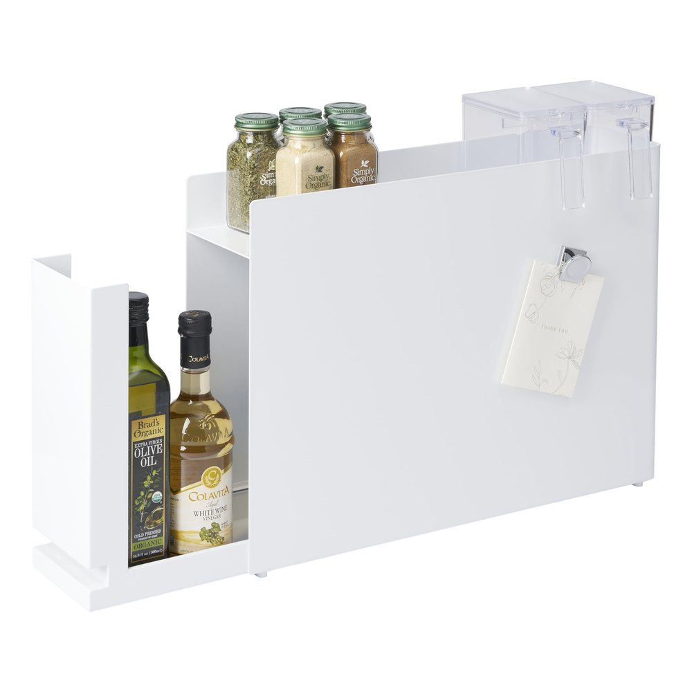 YAMAZAKI Home Sliding Drawer Seasoning Rack  Pull Out Spice Rack for Countertop, Steel Kitchen Organizer with Magnetic Panels, Modern Spice Storage Drawer, White, Easy Access Design