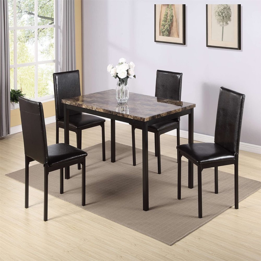 QHYDZ 5-Piece Kitchen Dining Table Set for Dining Room,Compact Space with Faux Marble Top - Black,Dinning Set,Table&4 Chairs-Black