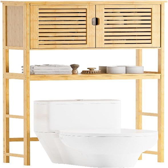 SMIBUY Bathroom Over The Toilet Storage Cabinet, 2 Door Bamboo Cabinet Organizer, Freestanding Space Saver Toilet Rack with Adjustable Inside Shelf and Open Shelf (Natural)