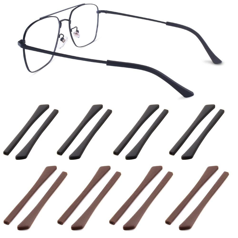 Junsika Eyeglass Temple End Tips Soft Silicone Anti Slip Eyeglass Replacement Temples for Flat Thin Eyeglass Legs 8 Pairs Black and Brown