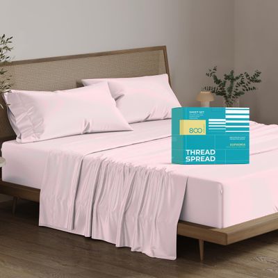 THREAD SPREAD 100% Egyptian Cotton Sheets Queen Size Bed Set - 4 PC 800 High Thread Count Egyptian Cotton Queen Sheet Set (Blush), Soft, Cooling, 16" Deep Pocket Sateen Weave Luxury Hotel Bedsheet