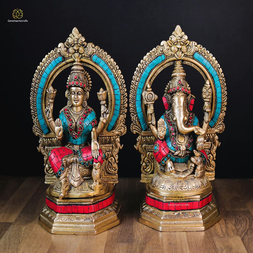 Ganeshaartsncrafts Lakshmi Ganesh Statue Brass Laxmi Ganpati Idol with Turquoise N Coral Stone Work Hindu God Goddess Diwali Pooja Murti Decorative Figurine