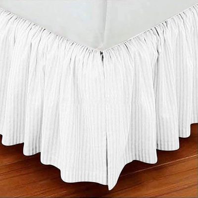 Silver Cotton Hotel Luxury Bedding Dust Ruffle Striped Bedskirt 1000-TC, 100% Egyptian Cotton, with Split Corners 26 Inch Drop Queen Size, White Striped