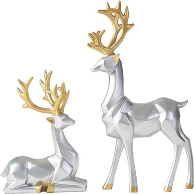 1 Pair Resin Sitting Standing Deer Statues Nordic Style Elk Figurine Deer Sculpture for Christmas Home Office Tabletop Decoration - Silver