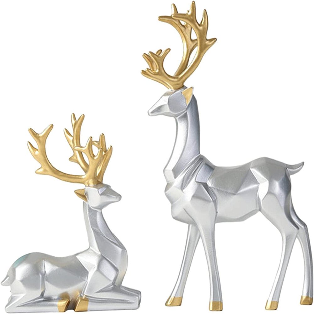 1 Pair Resin Sitting Standing Deer Statues Nordic Style Elk Figurine Deer Sculpture for Christmas Home Office Tabletop Decoration - Silver