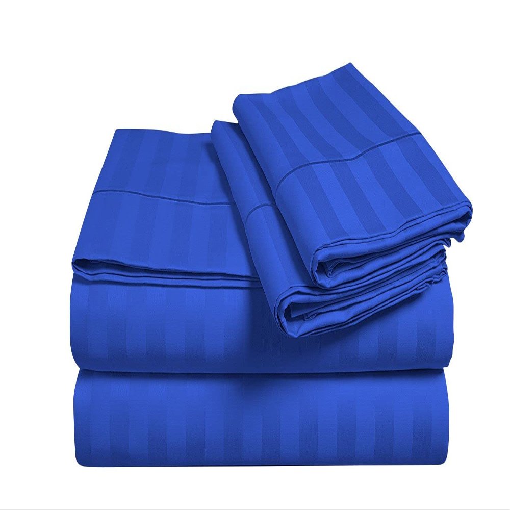 100% Egyptian Cotton 1000 Thread Count, Attached Waterbed Sheets 4 Piece, Super Single Size, 10 Inch Deep Pocket Waterbed Sheet Set, Royal Blue Stripe