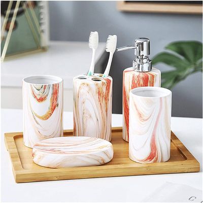 Ryakos Bathroom Accessories Sets Soap Dispenser Bottle Bathroom Accessories Set with Wood Tray Exterior Unique 6 Piece Contains Soap Dispenser Soap Dispenser Set (Color : A)