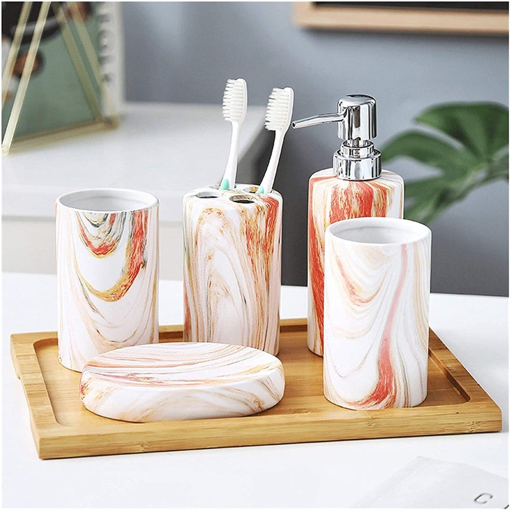 Ryakos Bathroom Accessories Sets Soap Dispenser Bottle Bathroom Accessories Set with Wood Tray Exterior Unique 6 Piece Contains Soap Dispenser Soap Dispenser Set (Color : A)
