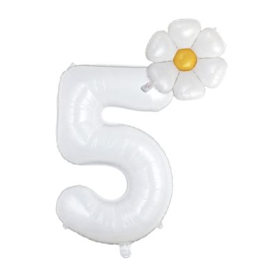 White Number 5 Daisy Balloons Set,5th Birthday Party Decorations,32 Inch 5 Daisy Balloons, Daisy Foil Balloons for Party, Birthday, Baby Shower, Wedding Dcor, Groovy Boho Daisy Party Supplies-5
