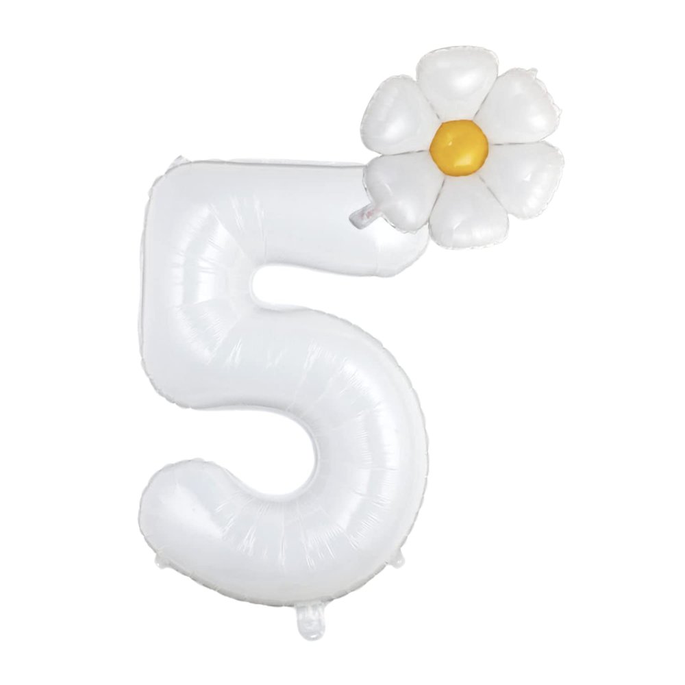White Number 5 Daisy Balloons Set,5th Birthday Party Decorations,32 Inch 5 Daisy Balloons, Daisy Foil Balloons for Party, Birthday, Baby Shower, Wedding Dcor, Groovy Boho Daisy Party Supplies-5