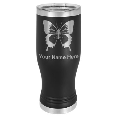LaserGram 14oz Vacuum Insulated Pilsner Mug, Swallowtail Butterfly, Personalized Engraving Included (Black)