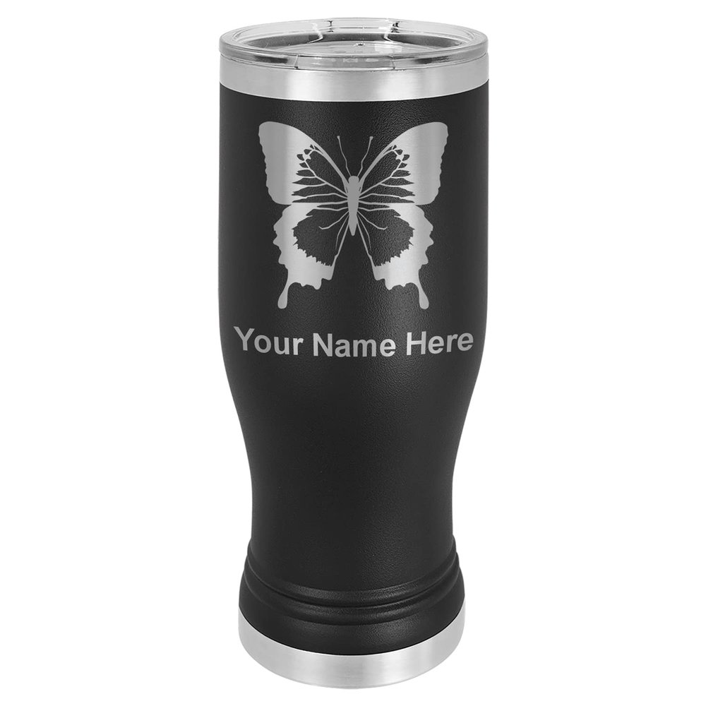 LaserGram 14oz Vacuum Insulated Pilsner Mug, Swallowtail Butterfly, Personalized Engraving Included (Black)