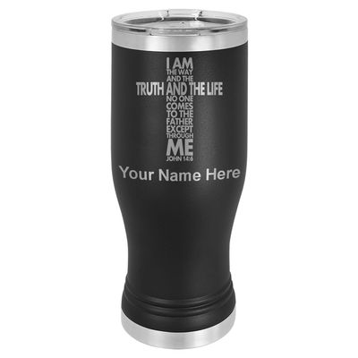 LaserGram 14oz Vacuum Insulated Pilsner Mug, Bible Verse John 14-6, Personalized Engraving Included (Black)