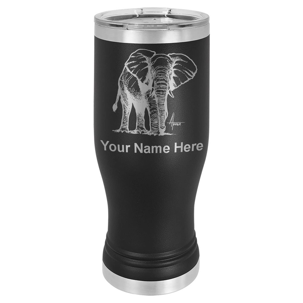 LaserGram 14oz Vacuum Insulated Pilsner Mug, African Elephant, Personalized Engraving Included (Black)