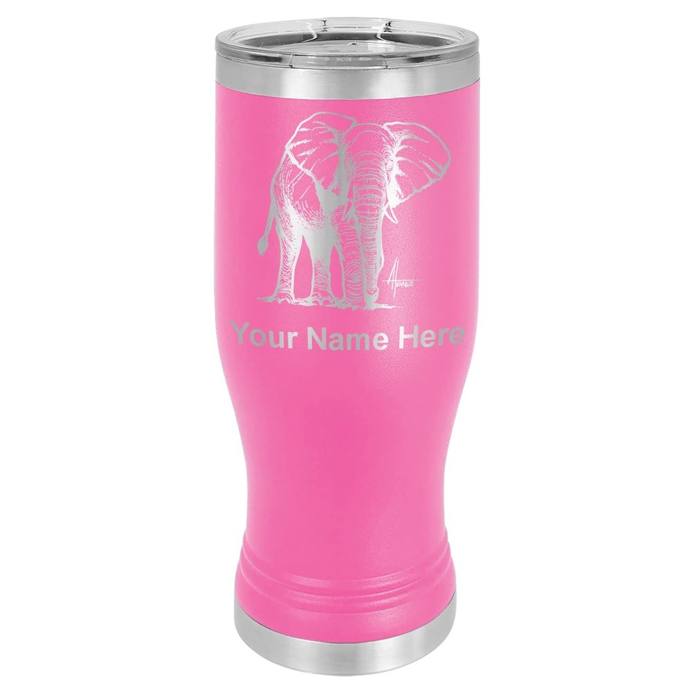 LaserGram 14oz Vacuum Insulated Pilsner Mug, African Elephant, Personalized Engraving Included (Pink)