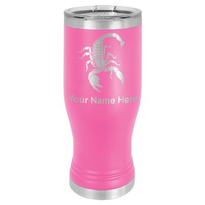 LaserGram 14oz Vacuum Insulated Pilsner Mug, Scorpion, Personalized Engraving Included (Pink)