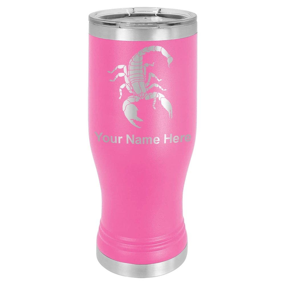 LaserGram 14oz Vacuum Insulated Pilsner Mug, Scorpion, Personalized Engraving Included (Pink)