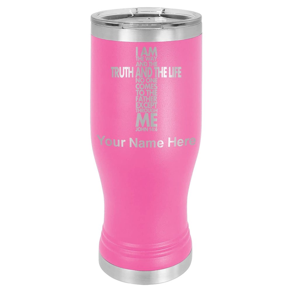 LaserGram 14oz Vacuum Insulated Pilsner Mug, Bible Verse John 14-6, Personalized Engraving Included (Pink)