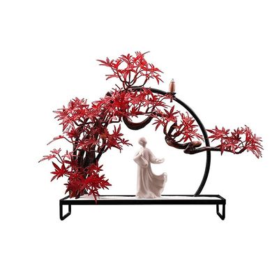 UNNS Small Bonsai Artificial Tree Decoration Artificial Red Maple Leaf Ceramic Statue of Little Monk Rockery Bonsai of Welcome Pine in Zen Living Room Artificial Potted Plants