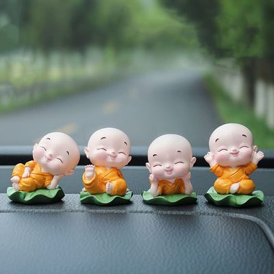 4pcs Little Monks Statue, Cute Baby Childhood Monks Figure, Miniature Lotus Leaf Buddha Monk Statue for Home Car Office Decor (Yellow)