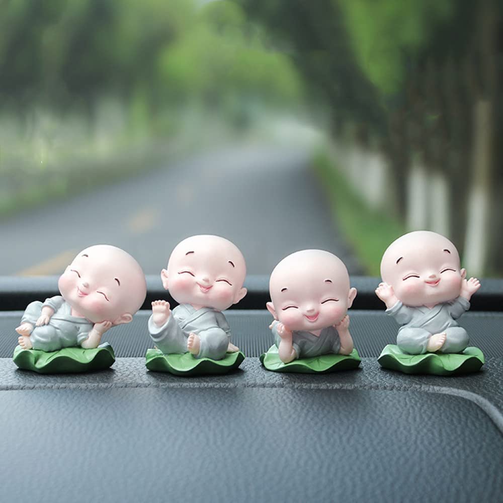 4pcs Little Monks Statue, Cute Baby Childhood Monks Figure, Miniature Lotus Leaf Buddha Monk Statue for Home Car Office Decor (Gray)