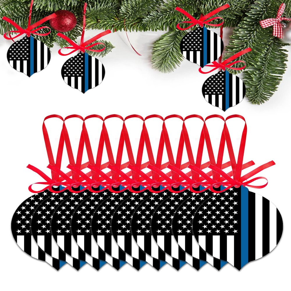 10 Pieces Christmas Ornaments 3 x 3.7 Inch, Blue White American Police Flag Acrylic Hanging Pendant, Honoring Law Enforcement Officers Xmas Decorations for Christmas Tree Home Party