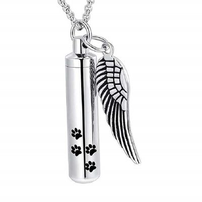 SHEIL Paw Print Cylinder Urn Necklace with Angel Wing Charm for Dog/Cat Funeral Keepsake Jewelry Pet Cremation Ashes Pendant