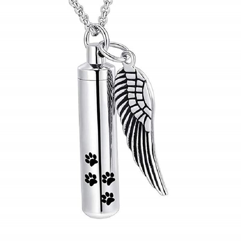 SHEIL Paw Print Cylinder Urn Necklace with Angel Wing Charm for Dog/Cat Funeral Keepsake Jewelry Pet Cremation Ashes Pendant