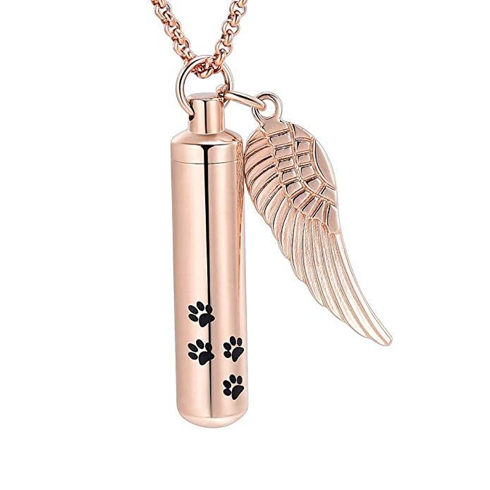 SHEIL Paw Print Cylinder Urn Necklace with Angel Wing Charm for Dog/Cat Funeral Keepsake Jewelry Pet Cremation Ashes Pendant
