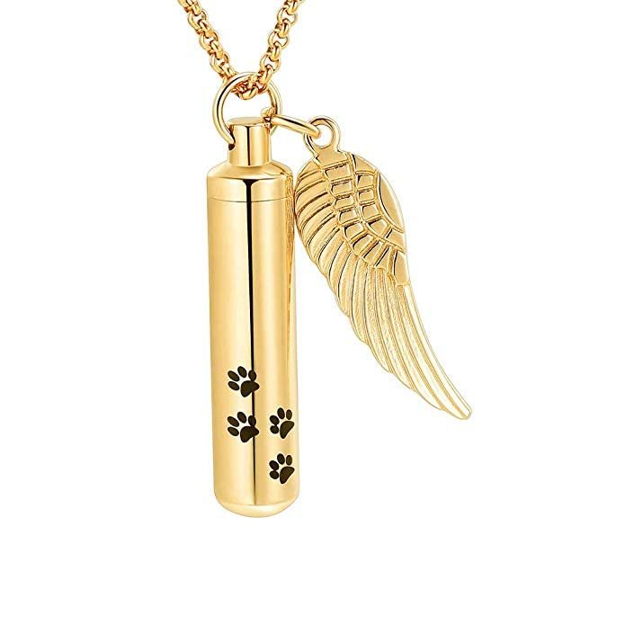 SHEIL Paw Print Cylinder Urn Necklace with Angel Wing Charm for Dog/Cat Funeral Keepsake Jewelry Pet Cremation Ashes Pendant