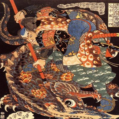 100% Smooth Cotton Paper - Utagawa Kuniyoshi - Miyamoto Mushashi Killing a Giant Shark Fish Yamazame Nue (1861) Photo Poster Art Print Painting - Size: 18 x 12 Inches