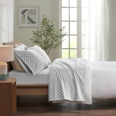 Cozy Sturdy 100% Cotton Weave Flannel Sheet Set | Diamond Artful Print in Soft Subtle Hues | Durable All Season Extra Deep Pocket Aesthetic Bedding | 4 Piece King Size Pretty Ash Grey White Shade