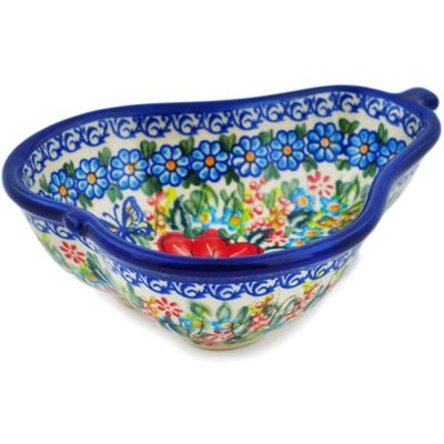 Polmedia Polish Pottery Pear Shaped Bowl 7-inch UNIKAT - Red Hibiscus Pattern Handmade in Boleslawiec Poland + Certificate of Authenticity