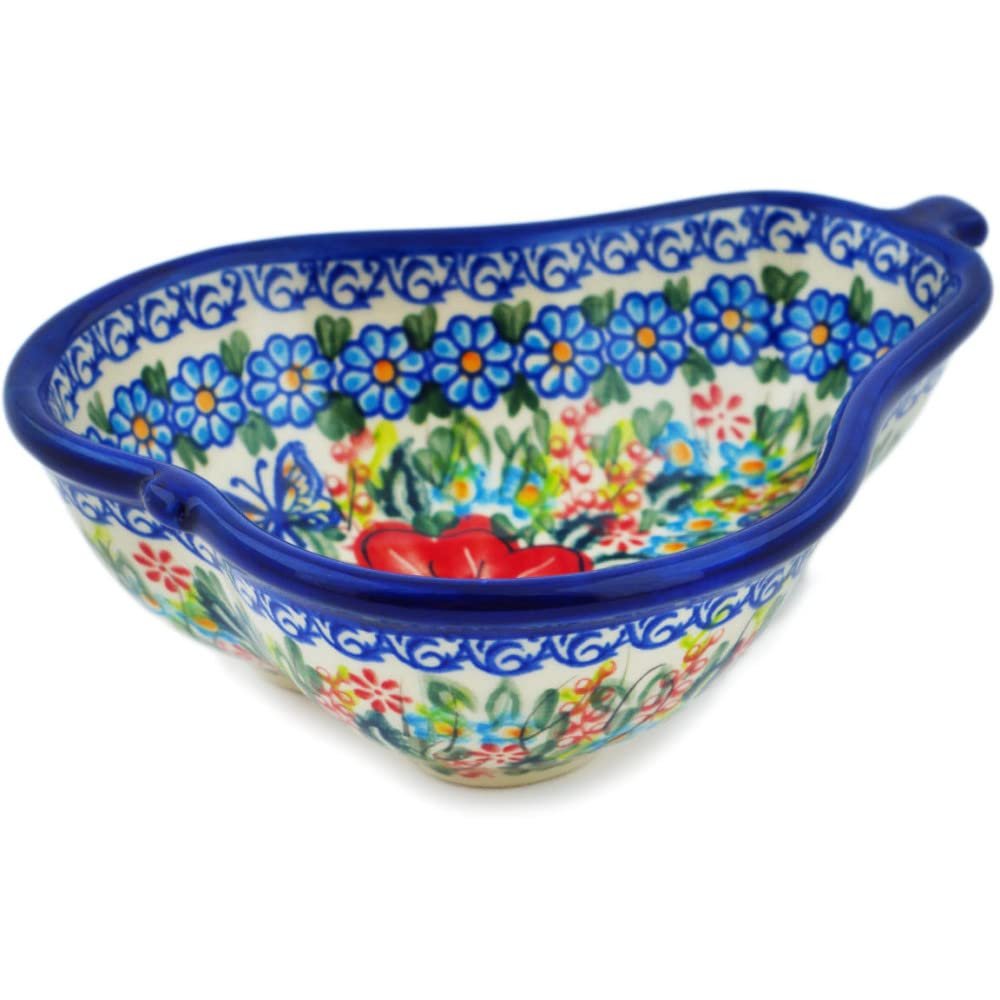 Polmedia Polish Pottery Pear Shaped Bowl 7-inch UNIKAT - Red Hibiscus Pattern Handmade in Boleslawiec Poland + Certificate of Authenticity