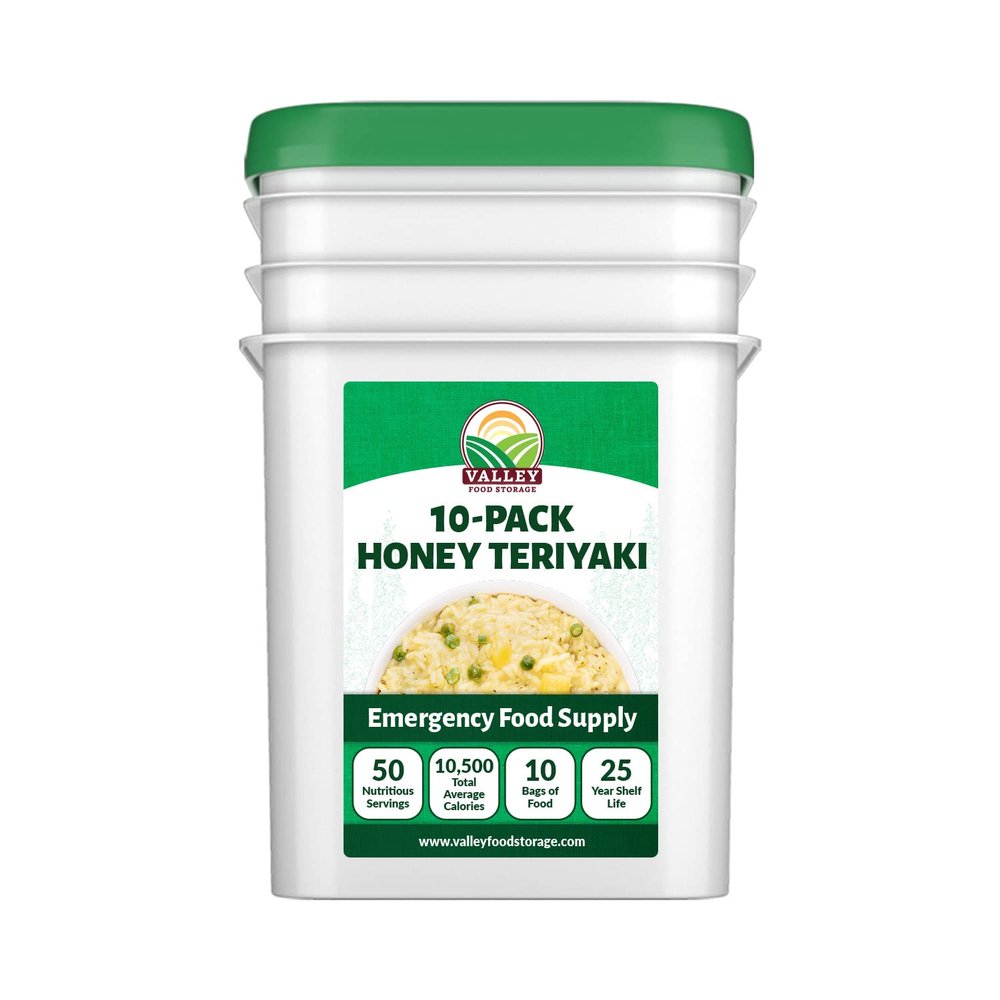 Valley Food Storage Honey Teriyaki Rice | 10-Bag Bucket, 50 Servings | Non-GMO Premium Emergency Food Supply, 25 Year Shelf Life | Survival Meal Kits, Prepper Food & Off-Grid Living Supplies, Packaged in USA