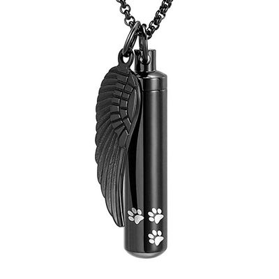 SHEIL Paw Print Cylinder Urn Necklace with Angel Wing Charm for Dog/Cat Funeral Keepsake Jewelry Pet Cremation Ashes Pendant