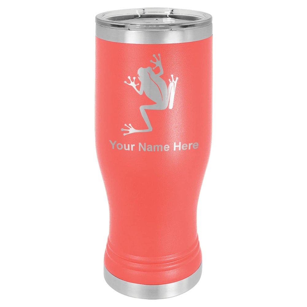 LaserGram 14oz Vacuum Insulated Pilsner Mug, Tree Frog, Personalized Engraving Included (Coral)