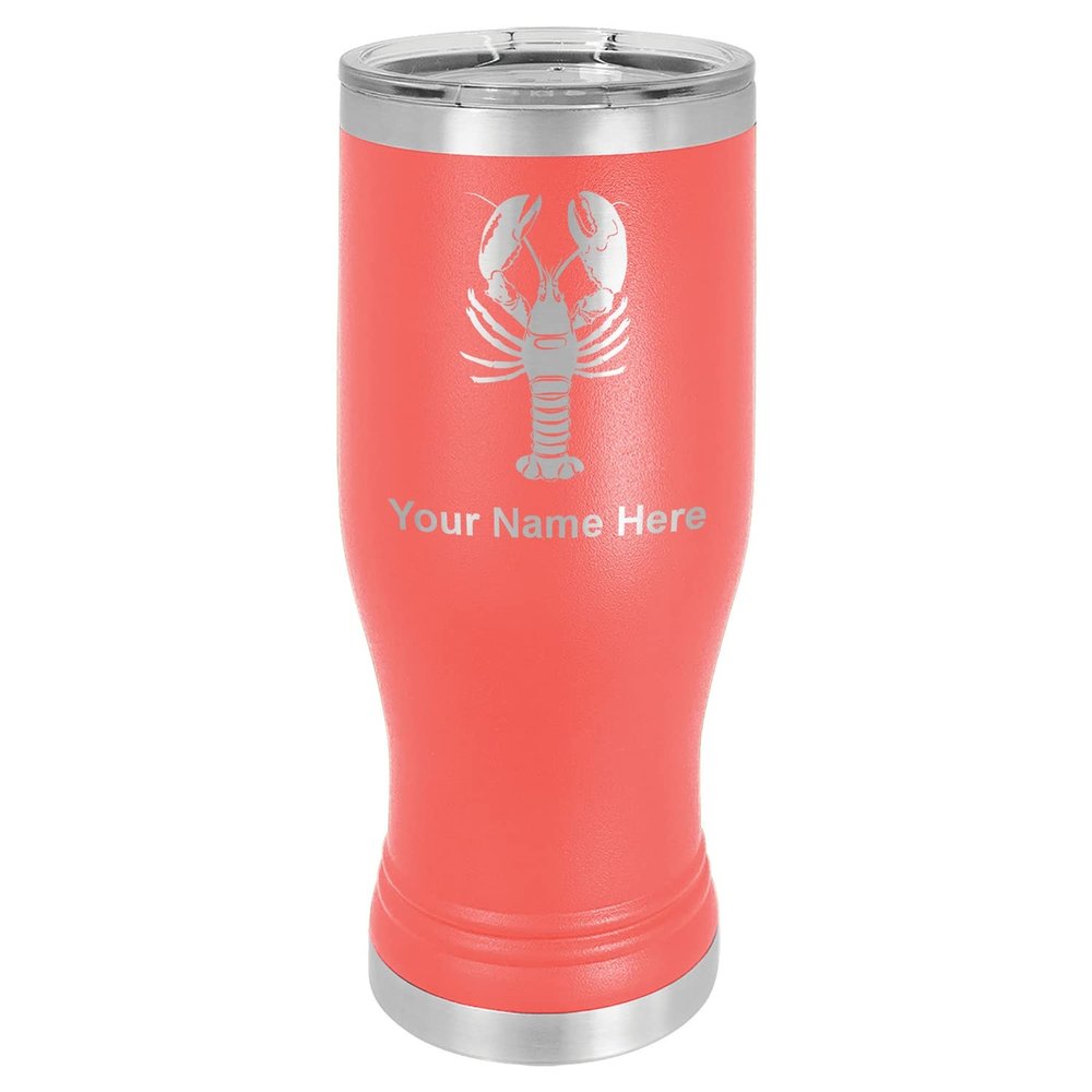 LaserGram 14oz Vacuum Insulated Pilsner Mug, Lobster, Personalized Engraving Included (Coral)