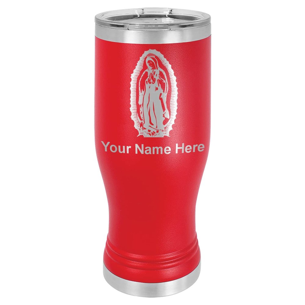 LaserGram 14oz Vacuum Insulated Pilsner Mug, Virgen de Guadalupe, Personalized Engraving Included (Red)